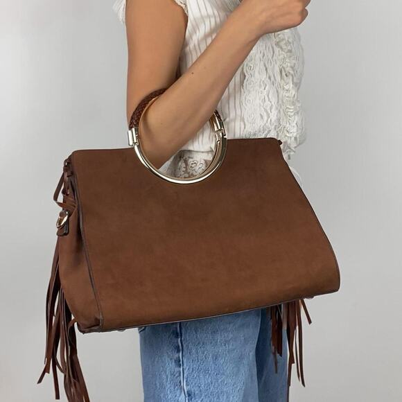 Western Boho Faux Suede Fringe Tote Bag with Gold Circular Handles - Picture 1 of 8